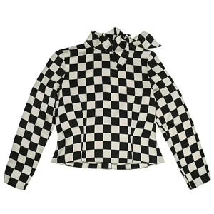 Vintage Black White Checkered Long Sleeve Blouse Size Small Mock Neck Top